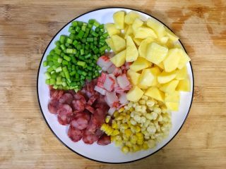 3、超满足便当（21）,土豆切小块 过水 蒜苔洗净切小段 腊肠切小片 蟹棒切小片 玉米包成一粒粒 用了甜玉米和糯玉米两小节