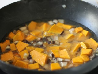 10、超治愈的南瓜焖饭,锅中放清水，与食材平齐即可。