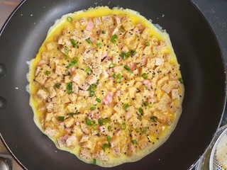 10、馒头抱蛋,小火煎，在鸡蛋液快凝固的时候撒熟黑芝麻，葱花