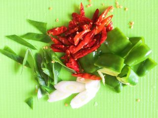9、豆瓣鸡 中餐厅版,青椒切块，大葱切片，辣椒斜切开，这样辣椒为了翻炒时更辣一些