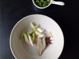 5、香菇烧肉便当,再备好调料：老姜切片，葱白切段，葱绿切成葱花；备好八角，香叶；