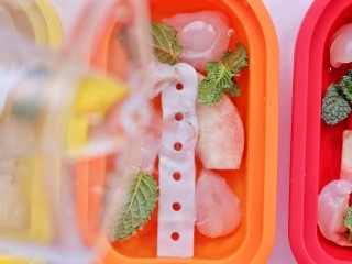 6、蜜桃荔枝薄荷冰棒,往模具中倒入苏打水。