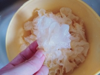 6、绿豆雪耳汤,撕成小朵洗干净备用