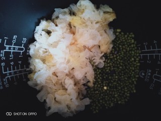 7、绿豆雪耳汤,绿豆泡好了洗干净放进锅里,雪耳也一起放进去