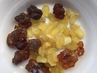 1、牛奶炖桃胶,皂角米和桃胶称好量。