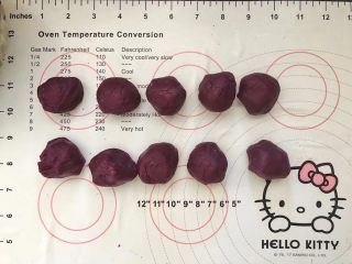 10、爆浆紫薯仙豆糕,把紫薯泥分成10等份,大约每个28克。