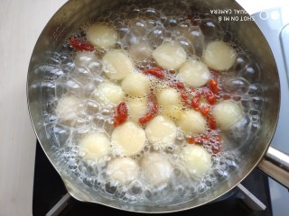 16、蜂蜜苹果糯米圆,煮到糯米圆子、苹果球和枸杞都浮起来就可以关火了。如果想苹果球软烂些可以多煮些时间。