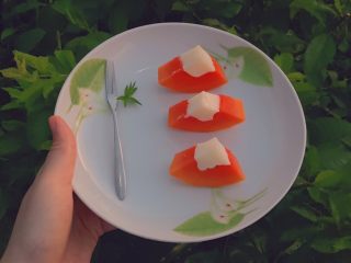 18、木瓜奶冻,配个小香草还挺有情调的呢。