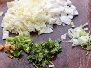 2、大白菜海虾打卤面,大白菜洗净后，用刀切成小丁，彩椒切丁，葱切碎，香菜切段。