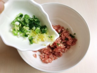 9、丝瓜酿肉,肉馅中加入葱姜和胡萝卜末，把剁好的丝瓜瓤也放入肉馅中。