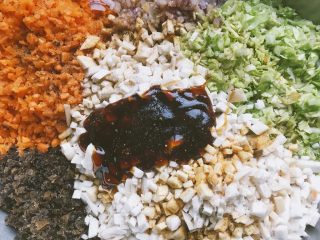 10、素什锦水饺,加入五香粉➕蚝油➕生抽➕糖➕盐 搅拌均匀。盐不要放太多，一会还有甜面酱