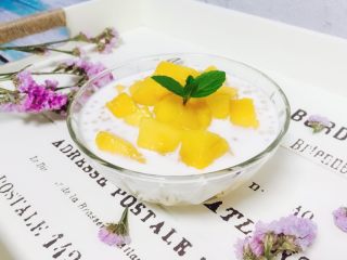 15、芒果西米露,取一器皿，舀入牛奶西米露再放上芒果粒，薄荷叶装饰