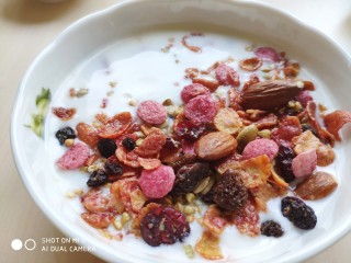 11、????缤纷元气早餐????～～酸奶蜂蜜鲜果麦片,在酸奶的一边撒上一把麦片。