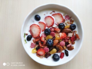 13、????缤纷元气早餐????～～酸奶蜂蜜鲜果麦片,最后再放上几颗蓝莓点缀一下下就可以了。