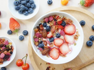 15、????缤纷元气早餐????～～酸奶蜂蜜鲜果麦片,吃一碗这么有颜值又健康方便的早餐，是不是心情一天都会美美哒！