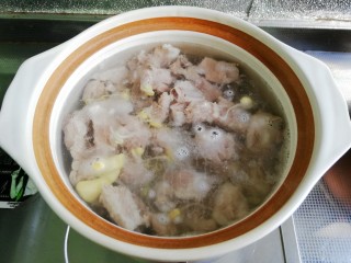 3、番茄黄豆芽排骨汤,将排骨、黄豆芽、姜片放入砂锅，加水没过食材即可