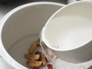 4、花胶（新西兰鳕鱼胶）炖牛奶,4灰枣放入炖盅，加入一碗水。