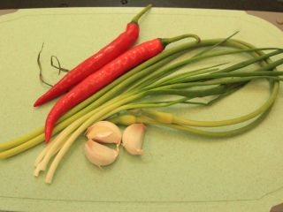4、金钱蛋,准备好材料：辣椒，蒜苔，大蒜，香葱