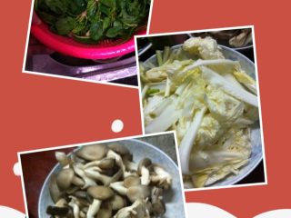 2、排骨火锅,菠菜、大白菜、平菇洗净