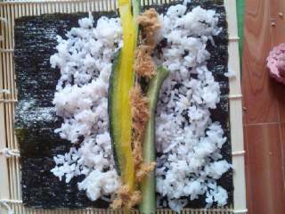 4、自制寿司,上面放黄瓜条  萝卜条  肉松