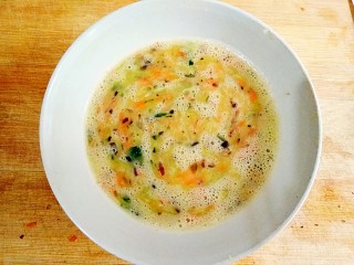 4、厚蛋烧――快手复刻美味,把切成碎末的蔬菜加入蛋液中，搅拌均匀。