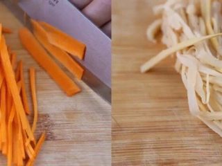 3、有个省事的招做豆腐皮？我好像瘦不下去了……腐皮杂蔬卷,胡萝卜、酸笋切成和金针菇粗细均匀的细丝