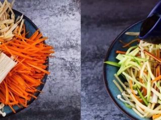 4、有个省事的招做豆腐皮？我好像瘦不下去了……腐皮杂蔬卷,菜码放整齐，调入生抽