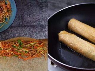 6、有个省事的招做豆腐皮？我好像瘦不下去了……腐皮杂蔬卷,准备一张豆腐皮平铺，放上馅料铺成寿司卷粗细，从一边卷起；热锅后放入油锅小火慢煎，翻面是小心一动，容易翻破