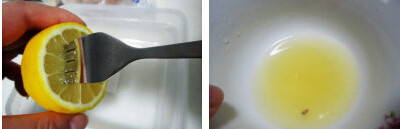 2、烤秋刀鱼吐司手卷,柠檬借用叉子扭转，榨柠檬汁，取出柠檬小核