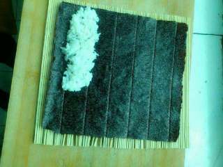 3、美味的寿司,放入米饭，注意铺平整。