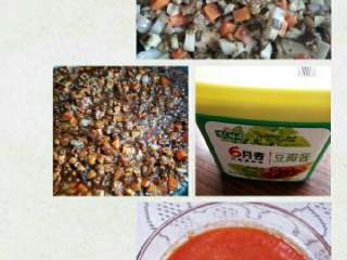 4、香菇肉末酱,再把香菇丁倒入翻炒，然后加辣椒酱，豆瓣酱不停翻炒，中间不需要加水，蔬菜会出少量水，直到把水分收干即可。