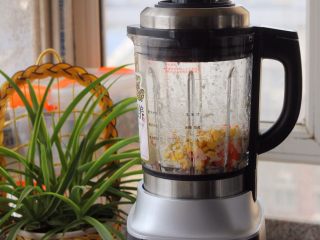 5、海苔龙利鱼卷,放入胡萝卜、玉米粒、大葱再打40-50秒。