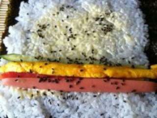 4、教你做最简单的寿司,米饭上面加些沙拉酱，铺上火腿肠，胡萝卜、鸡蛋，黄瓜。加上芝麻更好吃