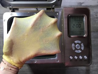 4、胡萝卜椰蓉卷,和面结束，可以拉出完美的手套膜。