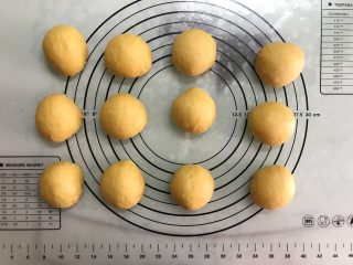 8、胡萝卜椰蓉卷,取出发好的面团，排气后均匀分成12份，滚圆盖上保鲜膜松弛15分钟左右。