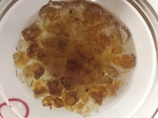 5、养颜酸奶拌桃胶,泡4小时后，桃胶发大了很多，你会看到很多脏东西，用牙签挑出来