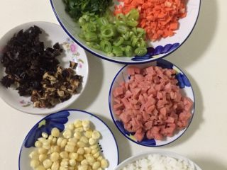 1、高考夜宵—鸡蛋饼卷子,把所有食材切成玉米粒大小的小丁,备用