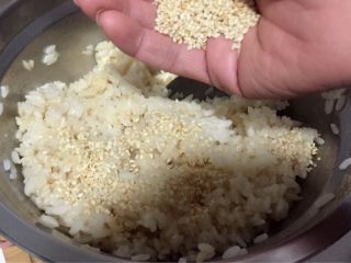 13、酱香味秋葵寿司(纯素版),撒很多炒熟的白芝麻,拌匀后备用