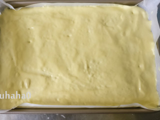 9、百香果旋涡蛋糕,面糊倒入长方形烤盘中，烤盘提前铺好油纸