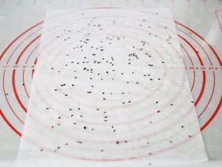 10、武汉小吃 糯米包油条,在硅胶垫上铺一张油纸，均匀的撒上黑芝麻。