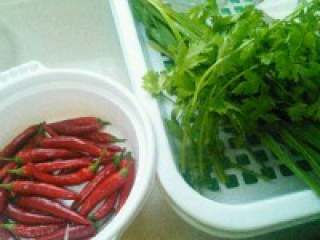 2、自制【鱼头豆腐火锅】,红尖椒切斜刀，蒜，姜切片， 青 蒜切末，香菜切段。