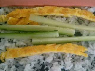 4、自制简单版寿司,在把青瓜，火腿肠和鸡蛋饼放上去。