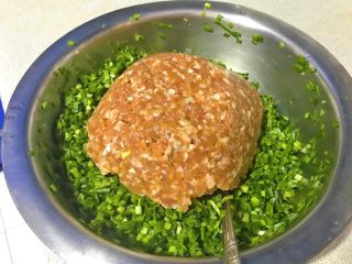 12、年夜饭+韭菜猪肉馅饺子详解,味好的肉馅，倒入韭菜末里。