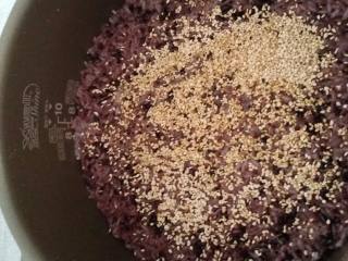 5、金枪鱼寿司,米饭蒸好后。放点芝麻和香油。搅拌均匀。。