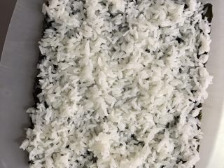 2、木鱼花香松花朵寿司,等米饭温温的时候我们就开始吧，取一半米饭用寿司醋拌匀，铺在一张海苔上。