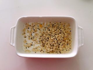 4、美滋滋的香甜烤盘，吃再多也不怕胖,烤盘中倒入牛奶燕麦。