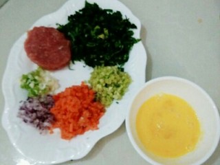 1、宝宝辅食青菜胡萝卜饭卷,把所有材料切末备用，鸡蛋打散
