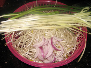 3、干炒牛河,将绿豆芽、韭黄、洋葱、香葱洗净。