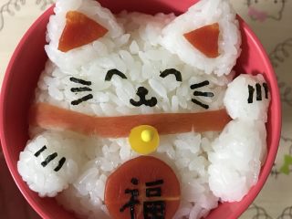 12、招财猫便当/饭团,把手臂饭团，小圆饭团放在主饭团合适位置，再用海苔剪出胡须、眼睛、鼻子等细节贴在合适位置，大致的过程就是如此