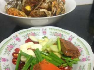 4、香辣蟹,第四步，葱段，姜片，大蒜头，花椒，干辣椒，最重要的是三九重庆火锅底料，根据你的螃蟹量来放，等油烧红，全部丢下去翻炒，等底料翻炒化开了就可以将螃蟹一起放下去翻炒到4-5分钟，你可以放取适量的水，漫过螃蟹一点点，然后闷一闷，水开后，放入适量的盐，鸡精，酱油，少许料酒，或白酒，在翻炒几下，闷个5-10分钟或15钟，让他中火吸收汤汁进入螃蟹里。。切记底料带点咸味，给盐时候看着给。。这是我自己自创出来的一道菜非常好吃完美，朋友点名要吃这个。。久而久之就做出了经验。。希望你们会喜欢????